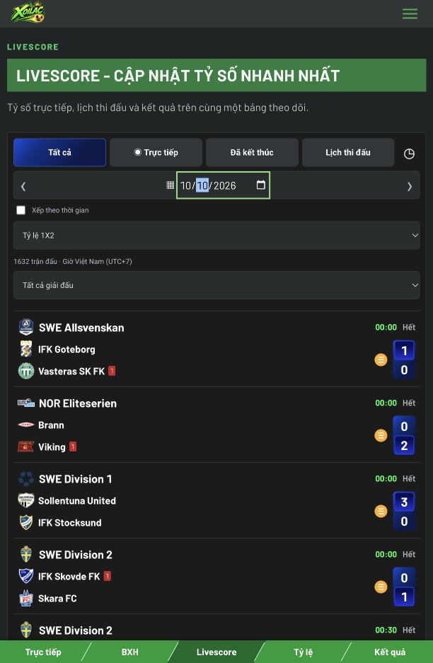 Bảng tỷ số bóng đá Livescore Xoilac ngày 10/10/2026, có logo Xoilac
