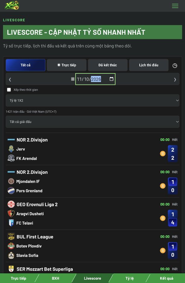 Bảng tỷ số bóng đá Livescore Xoilac ngày 11/10/2026, có logo Xoilac